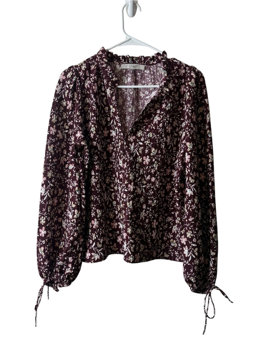 Loft Burgundy Floral Textured Tie Sleeve Blouse